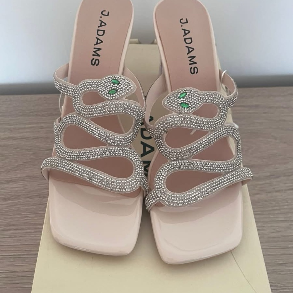 J. Adams Nude Crystal Snake-Embellished Slide Heels with Green Accents